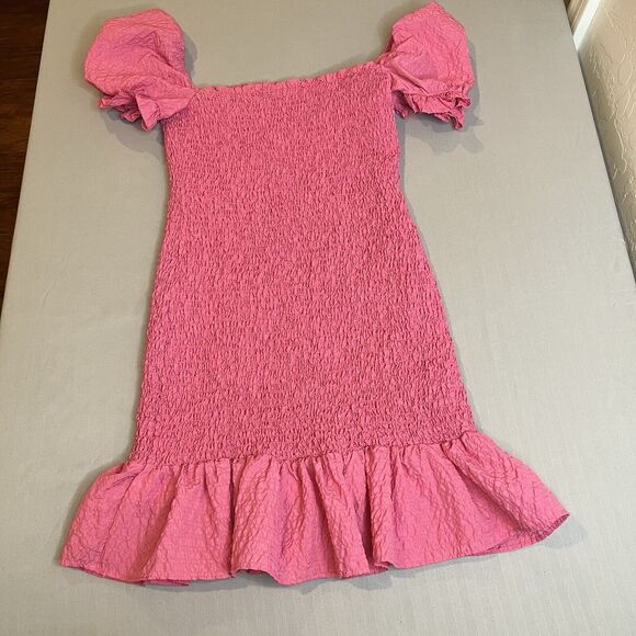 Zara Pink Size Medium Textured Weave Ruffled Ruched Bodycon Mini Lined Dress - Picture 3 of 7